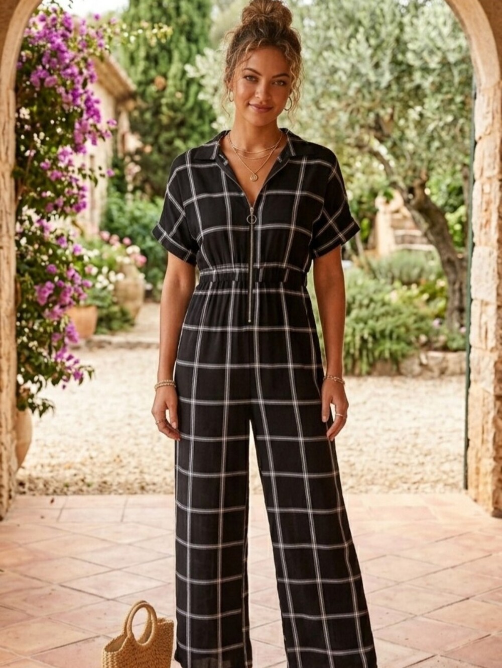 Sadie & Sage Black Windowpane Zip Jumpsuit